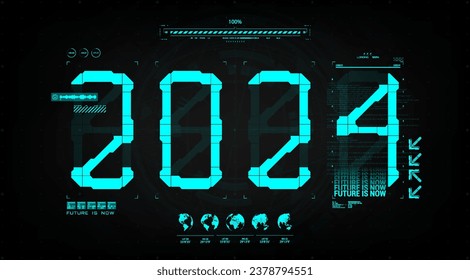 Futuristic style 2024 with HUD interface. Hi-tech numbers. Retrofuturistic print for typography, t-shirt, merch, calendars, notepads. Cyberpunk 2024 with HUD interface. Vector graphic template 