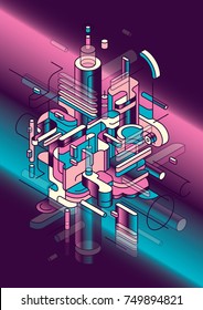 Futuristic style abstract illustration, made of various isometric objects in colors. Geometric composition. Vector illustration.