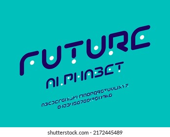 futuristic style alphabet design with uppercase, numbers and symbols