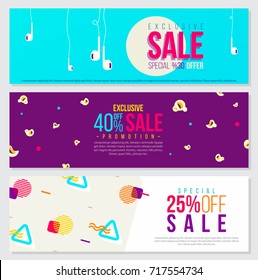 Futuristic style Banner Design Set of Colorful Memphis geometric shape Patterns Trendy Fashion 70s-80s-90s. Perfect for Ad, invitation, presentation Header, Page, Cover, Isolated Vector illustration