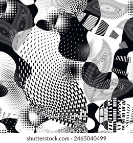 Futuristic style black and white halftone wavy abstract shapes geometric seamless pattern. Modern beautiful ornamental half tone vector background. Trendy hand drawn grunge ornaments. Endless texture.