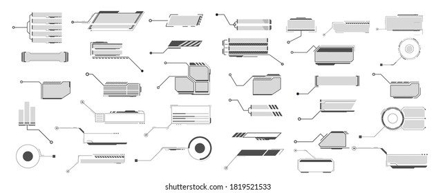 Líder de estilo futurista llama a HUD. Plantillas digitales modernas aplicables a la disposición de marcos. Llamadas de información y flechas. Los títulos de las llamadas se establecen. Colección de títulos. Interfaz de usuario y elemento GUI. Vector 