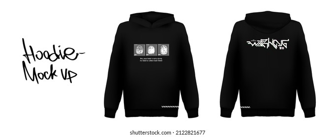 Futuristic style print for hoodie, mri human brain, message and digital lettering. Trendy black hoodie with silk screen. Print for t-shirt, apparel, merch. Translation of Japanese words - warning