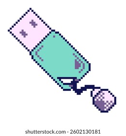 Futuristic Styled Cyan Flash Drive with Diamond Charm, Pixel Art Icon, Isolated