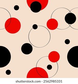 Futuristic stylish seamless vector pattern with circles. Black, red graphic round shapes on bage. Simple new modern print for wallpapers, textile. Original graphic artwork, creative ornament, pop-art