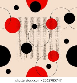 Futuristic stylish seamless vector pattern with circles and data text . Black, red graphic round shapes on bage. Simple new modern print for wallpapers, textile. Original graphic artwork, disk cover