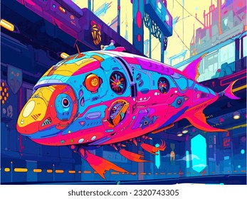 A futuristic submarine with eyes that is gliding over the water while donning dark shades