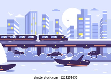 Futuristic subway train monorail over sunset cityscape. Electric train modern city skyscraper view. Flat. Vector illustration.