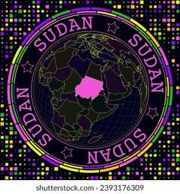 Futuristic Sudan on globe. Bright neon satellite view of the world centered on Sudan. Geographical illustration with shape of country and geometric background. Vibrant vector illustration.