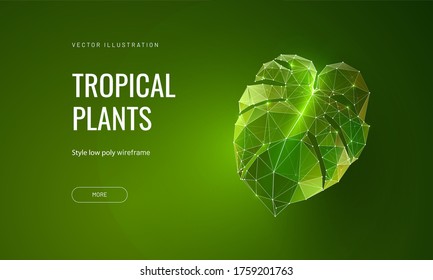 Futuristic summer tropical background with monstera leaf in wireframe polygonal style isolated on green background. Concept for agricultural or scientific research of botany 