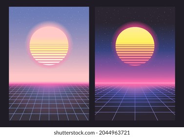 Futuristic sunset landscape. Retrowave, synthwave, rave, vapor wave, cyberpunk background. Vector light grid. Retro, vintage 1980s, 1990s style. Black, purple, pink, blue neon colors. Print, poster