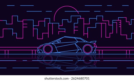 Futurista vista lateral del supercoche conduce a través de la ciudad nocturna al atardecer. Ilustración de neón de contorno en estilo de juego de arcade de los años 80 sobre fondo negro.