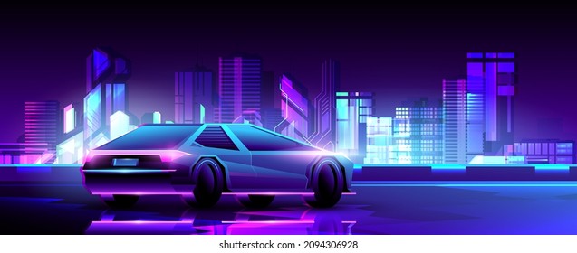 Futuristic supercar standing on city background. Neon night metropolis illustration.