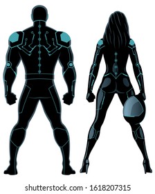 Futuristic superhero couple isolated over white background.
