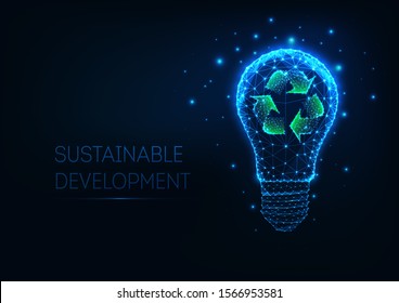 Futuristic sustainable development and technology concept with glowing low polygonal light bulb and recycle sign on dark blue background. Modern wire frame mesh design vector illustration.