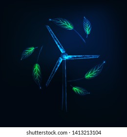 Futuristic sustainable energy concept with glowing low poly wind turbine generator and green leaves on dark blue background. Renewable electric energy sources. Modern design vector illustration. 