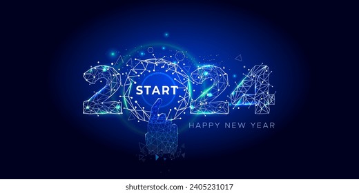 Futuristic sustainable technology start button with 2024 number. Vector illustration of happy new year welcome