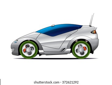 Futuristic SUV silver concept on green wheels. Sport utility vehicle isolated vector illustration.