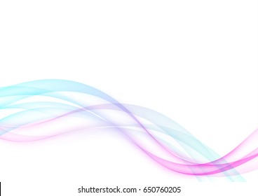 Futuristic swoosh fusion hi-tech wave lines layout. Bright elegant abstract blue and pink transparent smoke waves over white background. Vector illustration