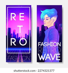 Futuristic synth wave style. Retro party  flyer template. Portrait of young pretty androgynous woman with short shaved pixie undercut in retro futurism style. Vector illustration in neon bright color