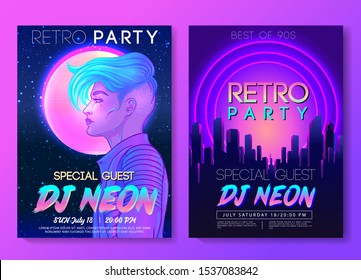 Futuristic synth wave style. Retroparty  flyer template. Portrait of a young pretty androgynous woman with short shaved pixie undercut in retro futurism style. Vector illustration in neon bright color