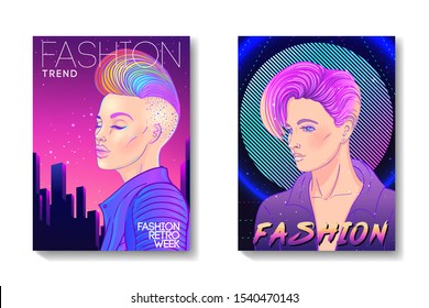 Futuristic synth wave style. Retroparty  flyer template. Portrait of a young pretty androgynous woman with short shaved pixie undercut in retro futurism style. Vector illustration in neon bright color