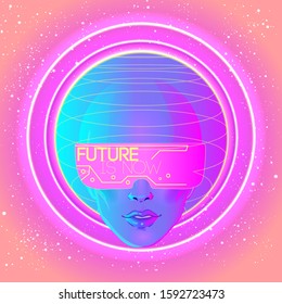 Futuristic synth wave style. Retroparty  flyer template. Portrait of a young pretty androgynous woman with short shaved pixie undercut in retro futurism style. Vector illustration in neon bright color