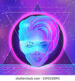 Futuristic synth wave style. Retroparty  flyer template. Portrait of a young pretty androgynous woman with short shaved pixie undercut in retro futurism style. Vector illustration in neon bright color