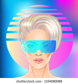 Futuristic synth wave style. Retroparty  flyer template. Portrait of a young pretty androgynous woman with short shaved pixie undercut in retro futurism style. Vector illustration in neon bright color