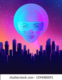 Futuristic synth wave style. Retroparty  flyer template. Portrait of a young pretty androgynous woman with short shaved pixie undercut in retro futurism style. Vector illustration in neon bright color