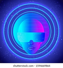 Futuristic synth wave style. Retroparty  flyer template. Portrait of a young pretty androgynous woman with short shaved pixie undercut in retro futurism style. Vector illustration in neon bright color
