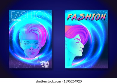 Futuristic synth wave style. Retroparty  flyer template. Portrait of a young pretty androgynous woman with short shaved pixie undercut in retro futurism style. Vector illustration in neon bright color