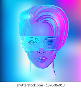 Futuristic synth wave style. Retroparty  flyer template. Portrait of a young pretty androgynous woman with short shaved pixie undercut in retro futurism style. Vector illustration in neon bright color