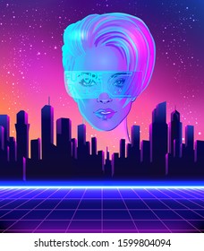 Futuristischer Synthie-Wellenstil. Retroparty Flyer-Vorlage. Porträt einer jungen, hübschen androgynen Frau mit kurzen rasierten Pixelflächen, unterschnitten im Retro-Futurismus-Stil. Vektorillustration-Illustration in neonfarbenem Hintergrund