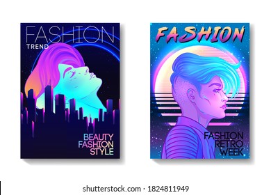 Futuristic synth wave style. Retroparty  flyer template. Portrait of a young pretty androgynous woman with short shaved pixie undercut in retro futurism style. Vector illustration in neon bright color