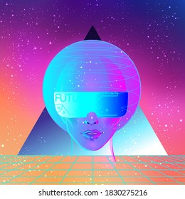 Futuristic synth wave style. Retroparty  flyer template. Portrait of a young pretty androgynous woman with short shaved pixie undercut in retro futurism style. Vector illustration in neon bright color