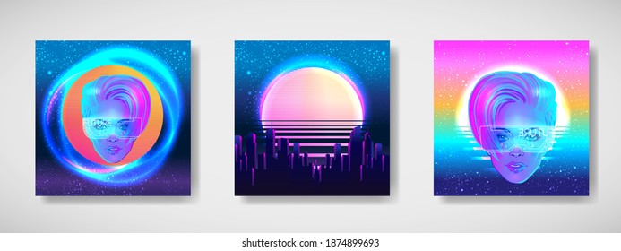 Futuristic synth wave style. Retroparty  flyer template. Portrait of a young pretty androgynous woman with short shaved pixie undercut in retro futurism style. Vector illustration in neon bright color