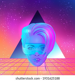 Futuristic synth wave style. Retroparty  flyer template. Portrait of a young pretty androgynous woman with short shaved pixie undercut in retro futurism style. Vector illustration in neon bright color