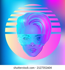 Futuristic synth wave style. Retroparty  flyer template. Portrait of a young pretty androgynous woman with short shaved pixie undercut in retro futurism style. Vector illustration in neon bright color