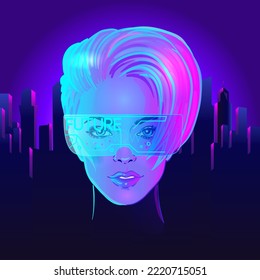 Futuristic synth wave style. Retroparty  flyer template. Portrait of a young pretty androgynous woman with short shaved pixie undercut in retro futurism style. Vector illustration in neon bright color