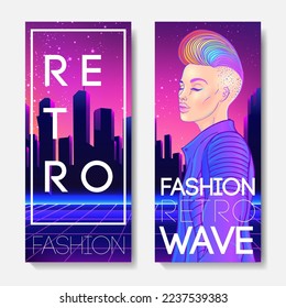 Futuristic synth wave style. Retroparty  flyer template. Portrait of a young pretty androgynous woman with short shaved pixie undercut in retro futurism style. Vector illustration in neon colors. 