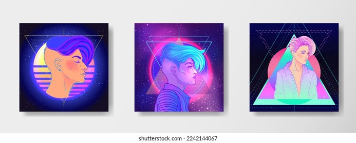 Futuristic synth wave style. Retroparty  flyer template. Portrait of a young pretty androgynous woman with short shaved pixie undercut in retro futurism style. Vector illustration in neon bright color