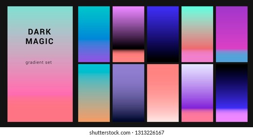 Futuristic synthwave neon palette, gradient swatches for design. Trendy pastel colors: purple, blue, and pink duotone gradients, retrowave 80s-90s aesthetics.