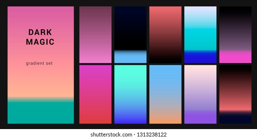 Futuristic synthwave neon palette, gradient swatches for design. Trendy pastel colors: purple, blue, and pink duotone gradients, retrowave 80s-90s aesthetics.