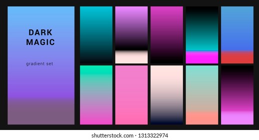 Futuristic synthwave neon palette, gradient swatches for design. Trendy pastel colors: purple, blue, and pink duotone gradients, retrowave 80s-90s aesthetics.