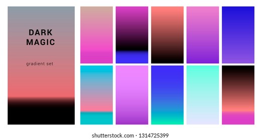 Futuristic synthwave neon palette, gradient swatches for design. Trendy pastel colors: purple, blue, and pink duotone gradients, retrowave 80s-90s aesthetics.