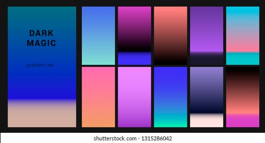 Futuristic synthwave neon palette, gradient swatches for design. Trendy pastel colors: purple, blue, and pink duotone gradients, retrowave 80s-90s aesthetics.
