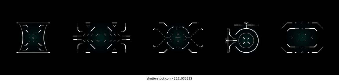 UI de HUD alvo futurista com radar, mira, escopo e mira de franco-atirador. Interface de vetor de tecnologia cibernética para o jogo de tiro, painel militar ou exibição de ficção científica. Elementos e diagramas de design azul néon.