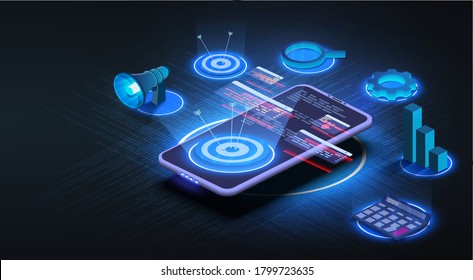 The futuristic target is located on an isometric phone. Business target banner. Concept of work strategy, company goal and focus. Growth strategy or financial goal concept. Vector illustration