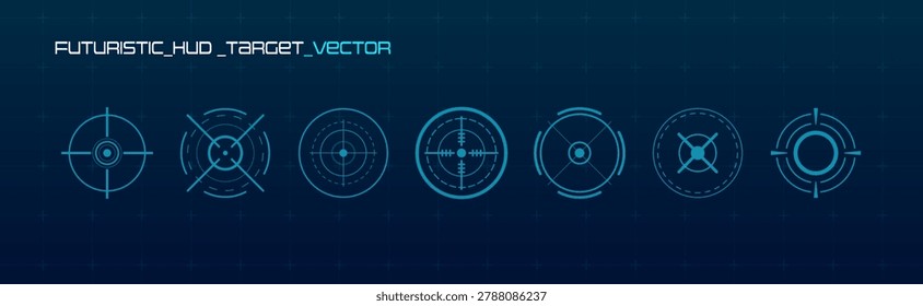 Futuristic targeting HUD interface with abstract aim pointers and crosshair icons. Digital vector elements for gaming dashboards and tech displays